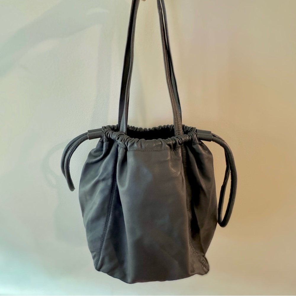 & Other Stories Leather Oversized Drawstring Tote, Navy. - Picture 9 of 12